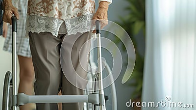 Elderly mother receives nurturing care from walker woman showing tender affection and assistance, people living with parkinson Stock Photo