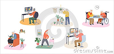 Elderly, old people, senior people at home, playing chess, chatting on computer with grandchildren, reading books Vector Illustration
