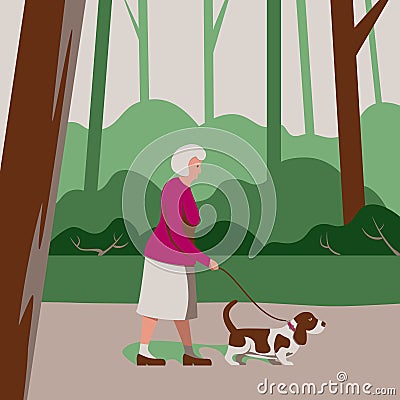 Elderly Old Woman Pensioner walks a Dog in Forest Park, Care for Pet, Outside Activity of Senior, Walking Alone Outdoor. Vector Stock Photo