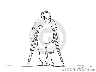 Elderly overweight man walking with crutches. One line drawing Vector Illustration