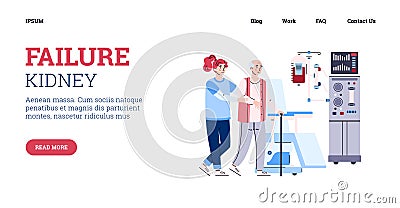 Elderly patient with kidney failure disease getting hemodialysis procedure. Vector Illustration