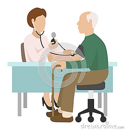 Elderly patient medical care in hospital, vector illustration. doctor character take old senior man blood pressure in Vector Illustration