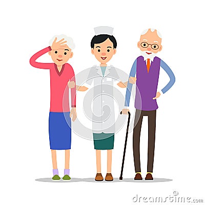 Elderly patients. Nurse stands and supports the hands of sick elderly people. Grandmother holds a sick head with her Vector Illustration
