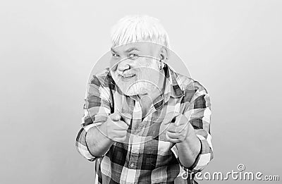 Elderly people. Bearded man with white hair wear checkered shirt. Beard and facial hair care. Barbershop hairdresser Stock Photo