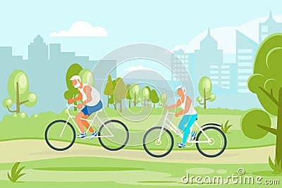 Elderly people characters cycling in the city park Vector Illustration