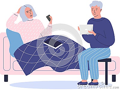 Elderly people are chatting with smartphone and tablet. Old couple with technologies at home Vector Illustration