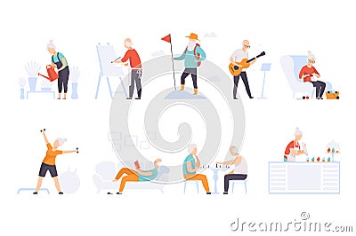 Elderly people enjoying various hobbies, senior men and women leading an active lifestyle social concept vector Vector Illustration