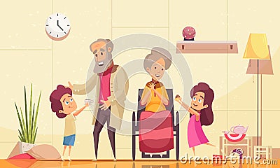 Elderly People Family Help Vector Illustration