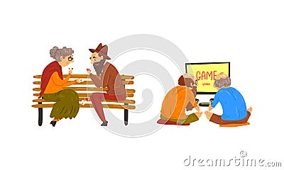 Elderly People Fun Leisure Activities Set, Seniors Playing Cards and Video Games Cartoon Vector Illustration Vector Illustration