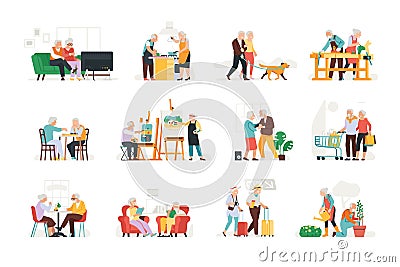 Elderly people hobbies. Seniors activities. Adult couples quiet pastime. Pensioners leisurely relaxing. Calm lifestyle Vector Illustration