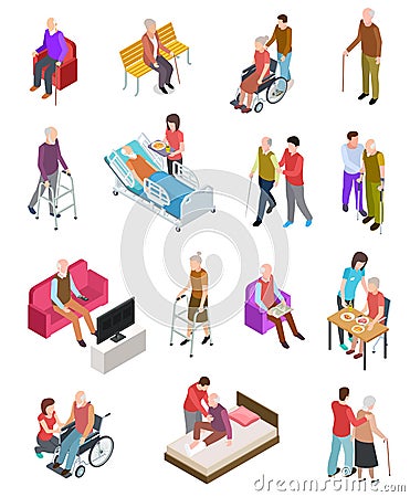 Elderly people isometric. Senior persons, helper nurse. Seniors medical home therapy. People in wheelchair. 3d Vector Illustration