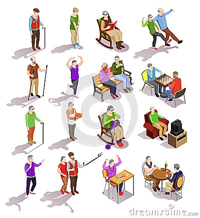 Elderly People Isometric Set Vector Illustration