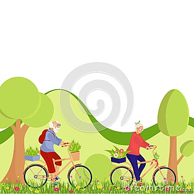 Elderly people, pensioners ride a bicycle. People on a walk in the forest, park. Vector Illustration