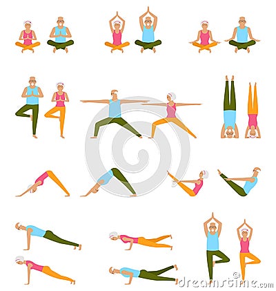 Elderly People Practice Yoga. Set of Asanas. Relax and Meditate. Healthy Pension Lifestyle Vector Illustration