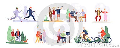 Elderly people. Senior grandfather grandmother couple sport tourist granny elderly people walking running cycling Vector Illustration