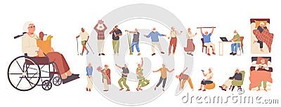 Elderly people set with happy retired man and woman daily routine activities, hobby and leisure time Vector Illustration