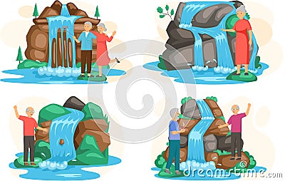 Elderly people stand next to rock and waterfall. Clean nature concept, clear river and waterfall Vector Illustration