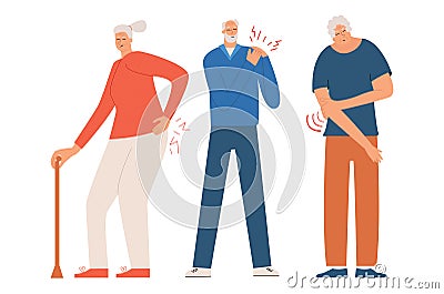 Elderly people suffer from joint pain. Arthrosis or arthritis concept. Vector illustration in flat style Vector Illustration