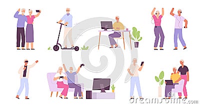 Elderly people with technology gadget, play video game. Senior family couple selfie. Old man and woman with Vector Illustration