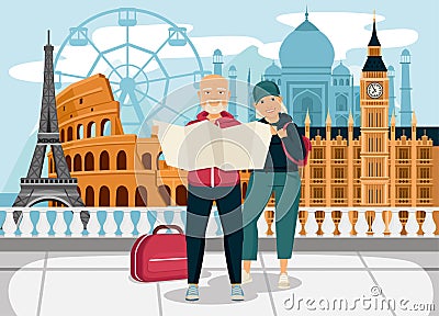 Elderly People Travel Composition Vector Illustration