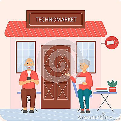 Elderly people are using technologies, surfing internet together against background of techno market Vector Illustration