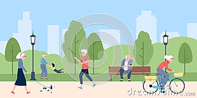 Elderly people walking in park. Senior person activity, healthy lifestyle on retirement. Outdoor time with dog or kids Vector Illustration