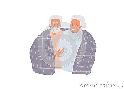 Elderly people warm under large warm blanket. Suffering from cold. Dissatisfied Senior woman and man having problem with Vector Illustration