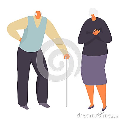 Elderly people woman man character, group sick risk, old male standing walking stick female heart pain isolated on white Vector Illustration