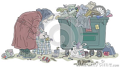 Elderly poor woman near a street litter bin Vector Illustration