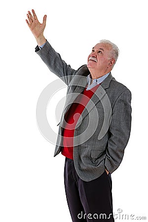 Elderly retired man raising his hand in the air Stock Photo