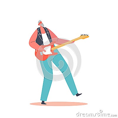 Elderly Rock Guitarist Perform Music Concert. Grandfather Playing on Electric Guitar during Punk Festival, Senior Artist Vector Illustration