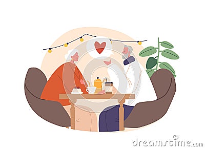 Elderly Romantic Couple Sits In A Cozy Cafe, Holding Hands, Sharing Smiles, And Reminiscing About A Lifetime Of Love Vector Illustration