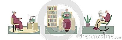 Grandma watches tv, reads book and grandpa reads newspaper illustrations set Vector Illustration