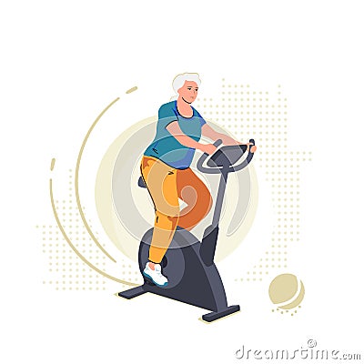 Elderly senior woman on exercise bike. Home workout training on stationary bicycle. Sport indoor retirement, active Vector Illustration