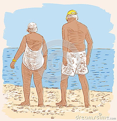 Elderly spouses on the beach Vector Illustration