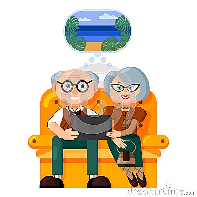 Elderly travelers. Beautiful elderly couple dream of traveling, planning a sea vacation, choosing a resort on the Internet Vector Illustration