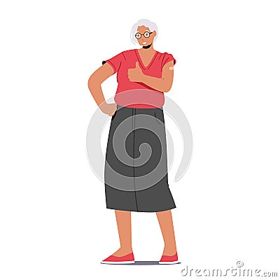 Elderly Vaccinated Woman Show Thumb Up, Vaccination, Immunization, Healthcare Concept. Positive Senior Character Vector Illustration