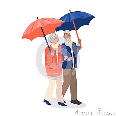 Elderly couple walks under umbrellas Vector Illustration