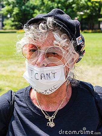 A Woman Wears a Mask with the Words I Can`t Breathe at a Protest in Support of Black Lives Matter Editorial Stock Photo