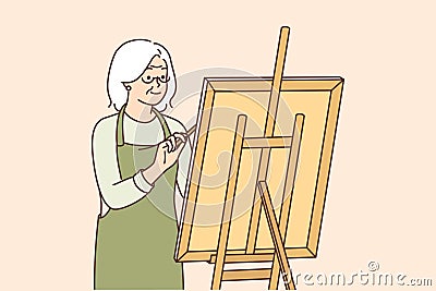 Elderly woman artist stands near easel and draws picture enjoying creative hobby after retiring Vector Illustration