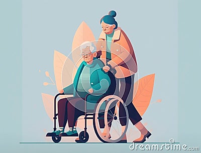 An elderly woman being pushed in her wheelchair with a volunteer on either side lending support and friendship Stock Photo