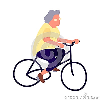 Elderly woman on a bicycle. Activity of the elderly concept. Senior female lifestyle. Mature cyclist leads a healthy lifestyle. Vector Illustration