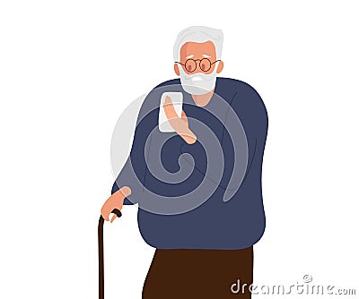 Elderly man with cane looking at her smartphone. Senior man with gray hair and beard holding mobile phone. Senior Vector Illustration