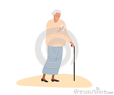 Elderly woman with cane looking at her smartphone and smiling cute. Senior woman holding mobile phone. Senior persone Vector Illustration