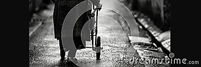 An elderly woman carefully navigating the streets her worn hands clutching onto her walker. Black and white art. Stock Photo