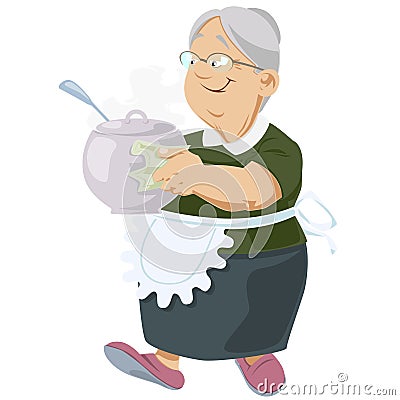 Elderly woman carries hot pot of food. Made with love. Funny people Vector Illustration