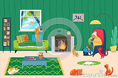 Elderly woman character needlework, old female love home pet cat, comfortable room flat vector illustration, comfortable Vector Illustration