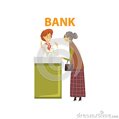 Elderly Woman Consulting at Manager at Bank Office, Female Bank Worker Providing Services to Client Vector Illustration Vector Illustration