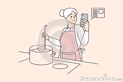 Elderly woman cooking with recipe on cellphone Vector Illustration