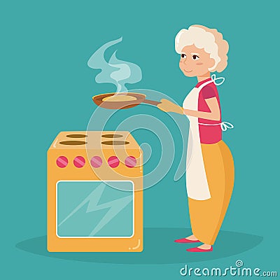 Elderly woman cooks. Vector Illustration
